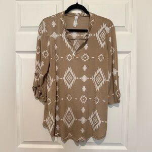 Honeyme Tan and White Aztec Print Top